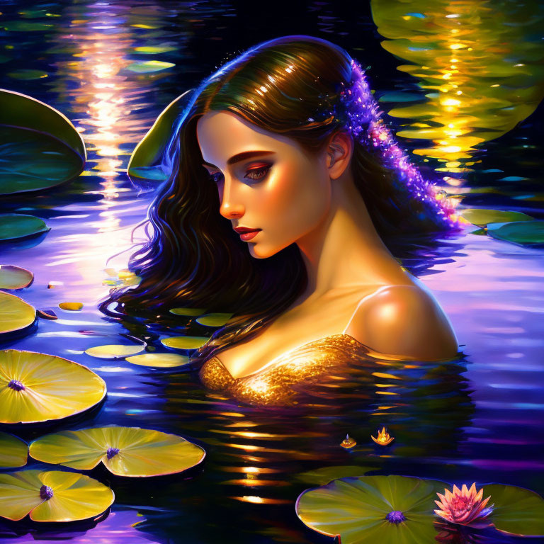 Golden-skinned woman in water with lily pads and flowers: serene digital artwork