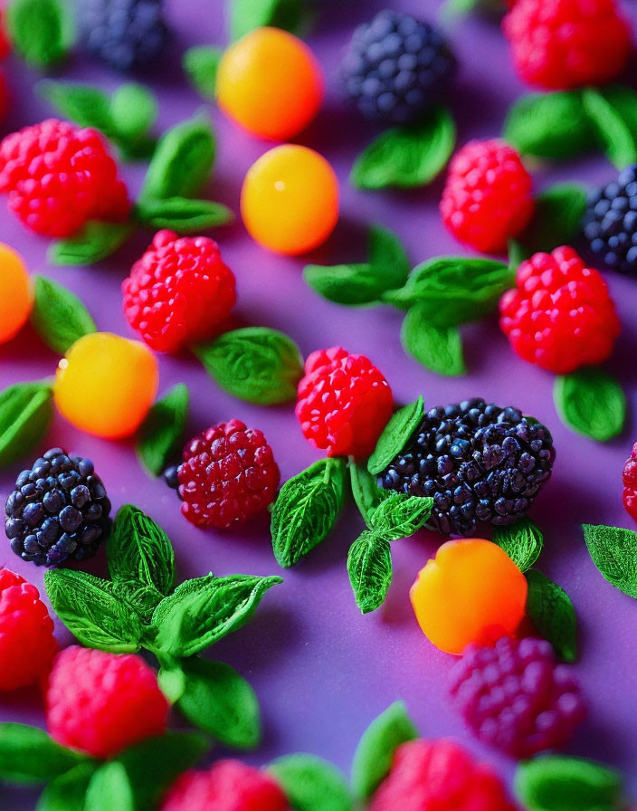 Colorful Candy Assortment with Fruit and Mint on Purple Background