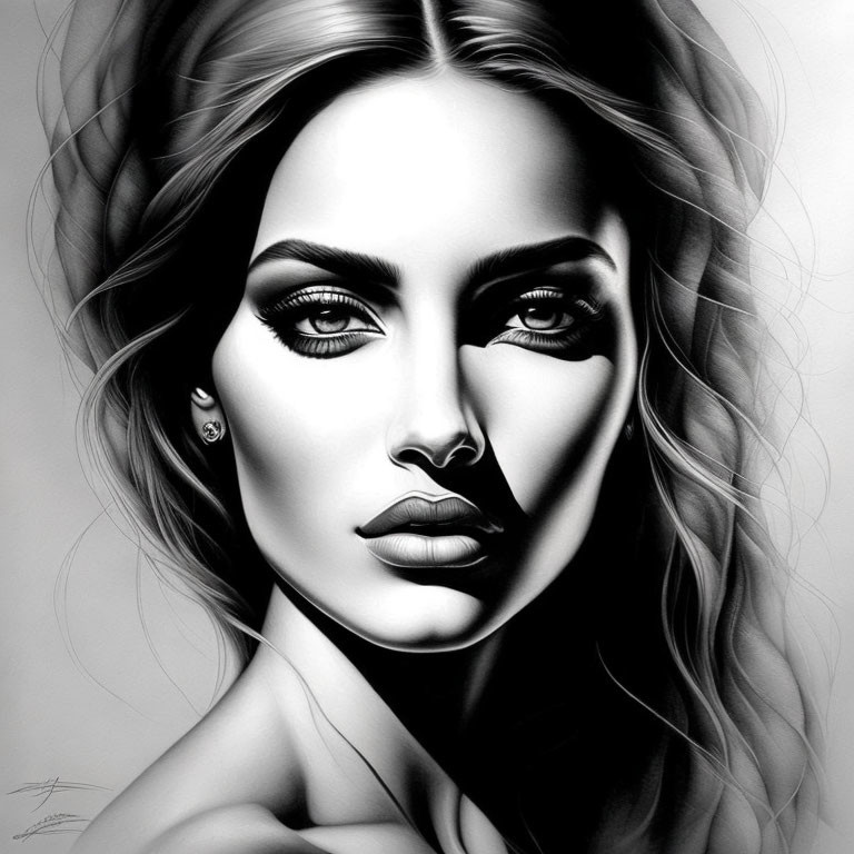 Monochromatic portrait of woman with wavy hair and intense eyes