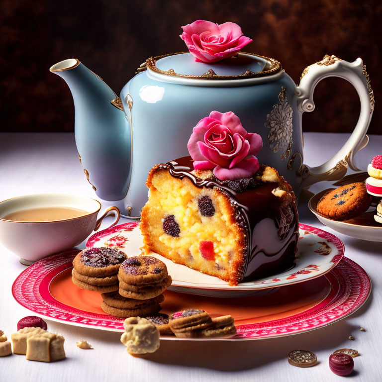 Fruit-topped cake on plate with cookies, teapot, cup, and flowers