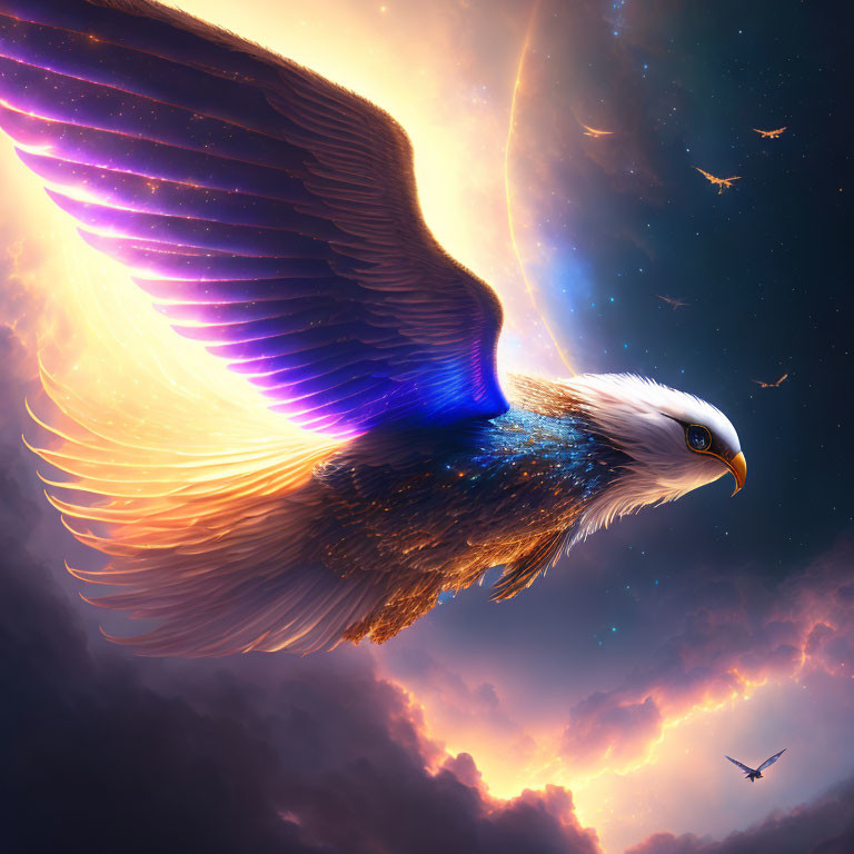 Majestic eagle with glowing wings in cosmic scene