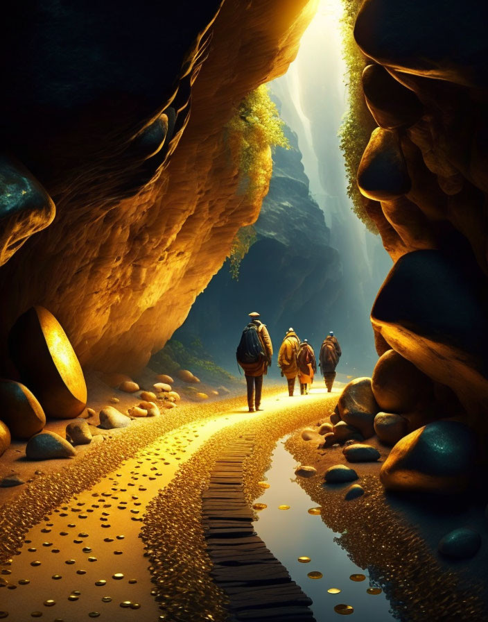 Three people walking on sandy path between towering rock walls under beam of light.