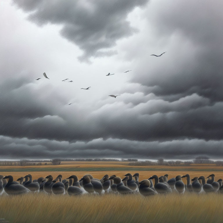 Birds in Flight and Resting Geese in Stormy Sky Scene