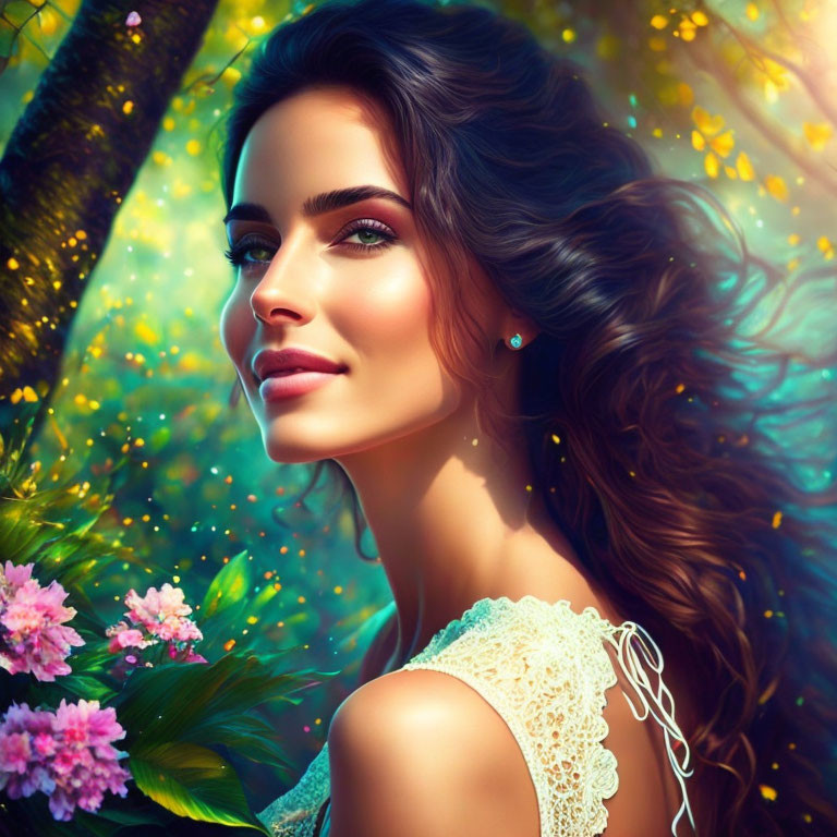 Illustrated portrait of woman with flowing hair in magical forest setting