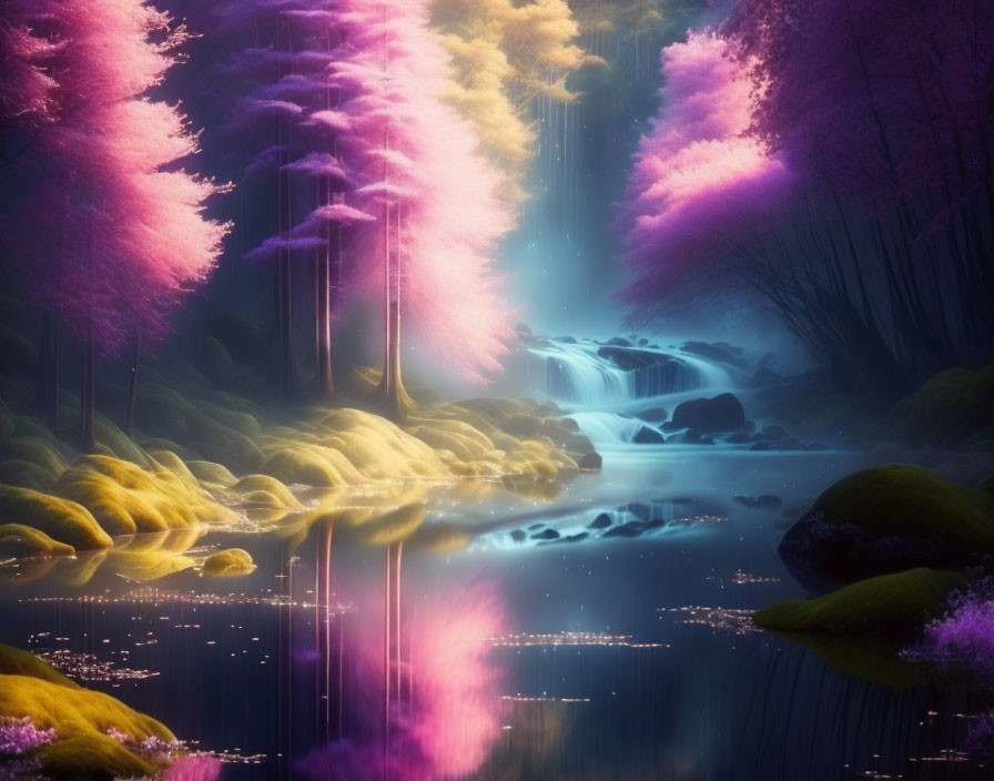 Vibrant pink trees and serene waterfall in mystical forest scene