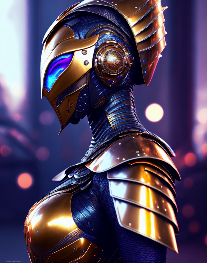 Gold and Blue Futuristic Armored Character with Reflective Visor