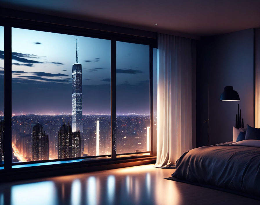 Modern Bedroom with Large Window and Nighttime Cityscape View