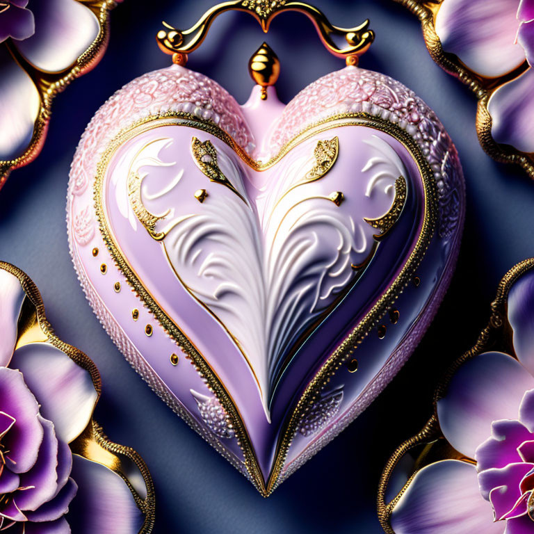 Heart-shaped locket with intricate designs and purple flowers on dark backdrop