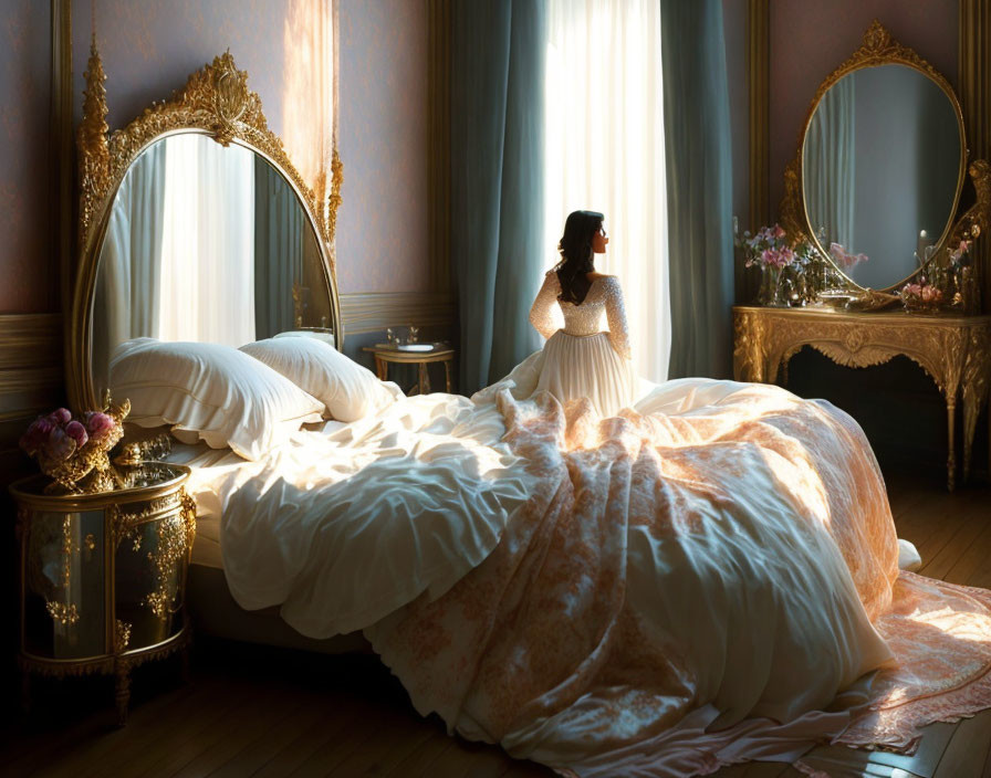 Person in white dress by window in elegant room with large bed, mirrors, and golden accents