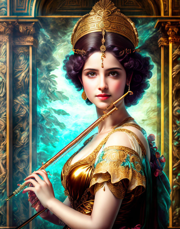 Regal woman in golden attire with headdress and scepter on luxurious turquoise background