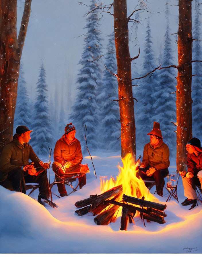 Four individuals around snowy forest campfire