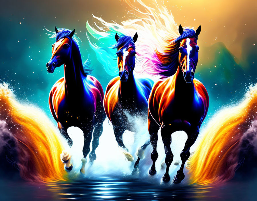 Vibrant colorful horses galloping under dynamic celestial sky