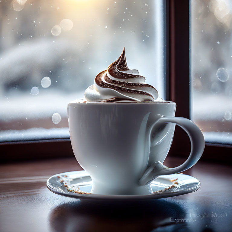 Hot Beverage with Whipped Cream Near Snowy Window