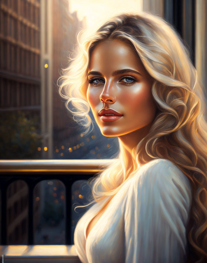 Blonde Woman with Blue Eyes on Balcony Overlooking Cityscape