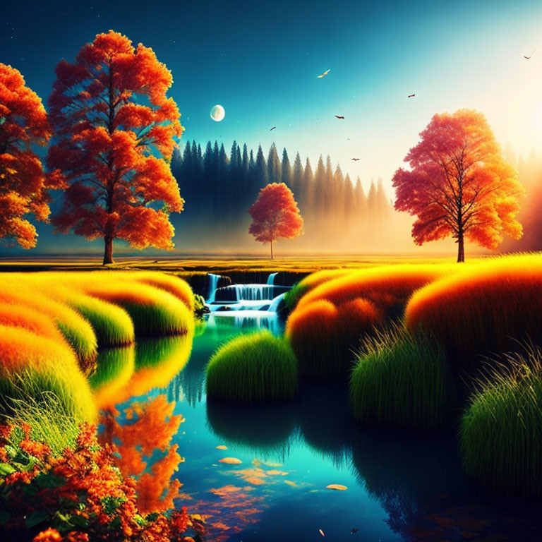 Fantasy landscape with luminescent grass and waterfalls