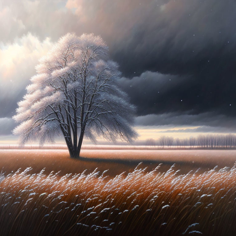 Winter Landscape: Frosted Tree in Golden Fields under Dramatic Sky