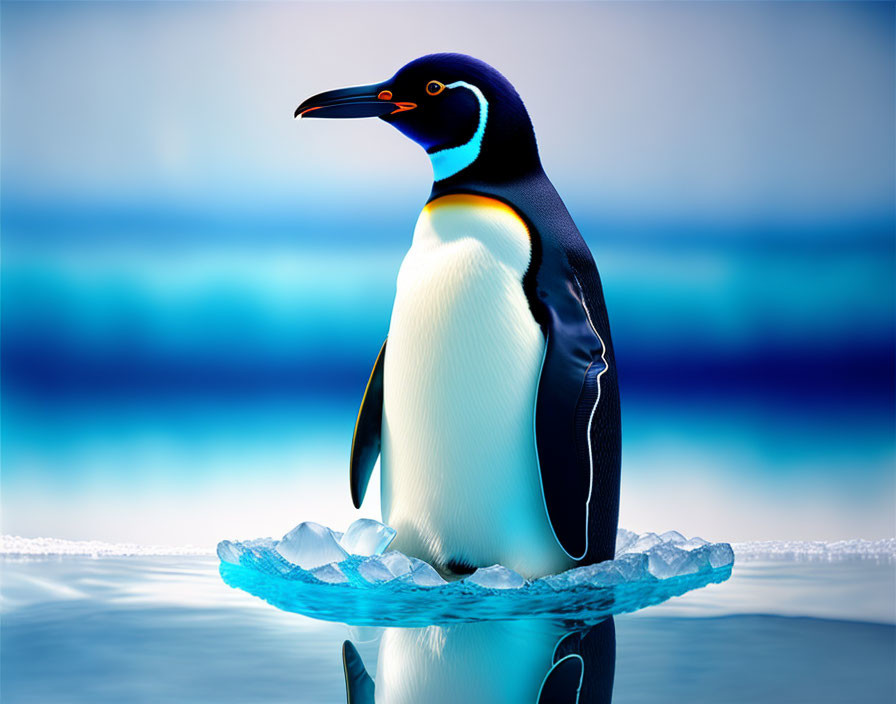 Colorful Penguin on Ice Floe with Blue Water Background