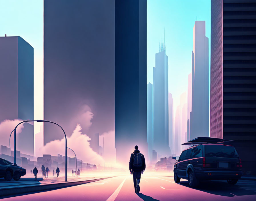 Futuristic city street with pink and blue hues, silhouettes of skyscrapers, and