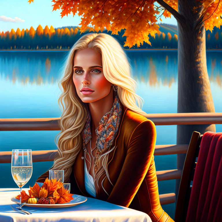 Blonde woman at table with wine glass overlooking autumn lake