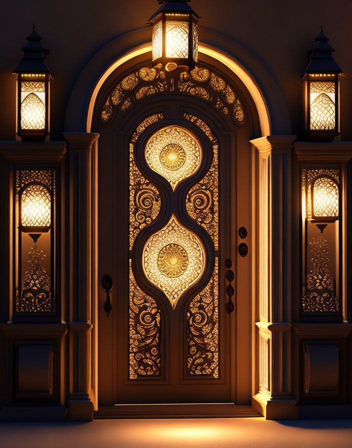 Intricate Gold-Patterned Wooden Door with Traditional Lanterns