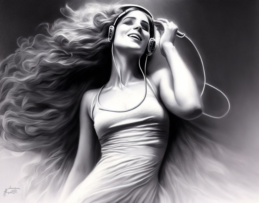 Monochrome artwork of a joyful woman in headphones dancing