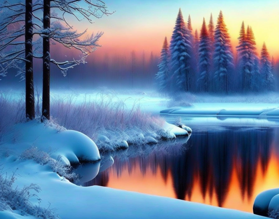 Winter dusk at snow-covered lake with frosted trees and warm horizon glow