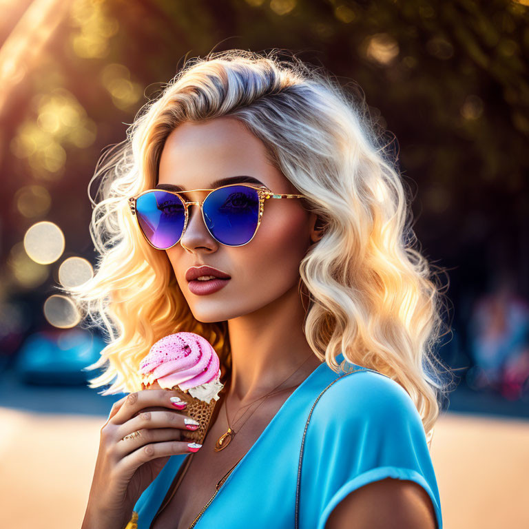 Blonde Woman in Blue Sunglasses Eating Ice Cream Outdoors