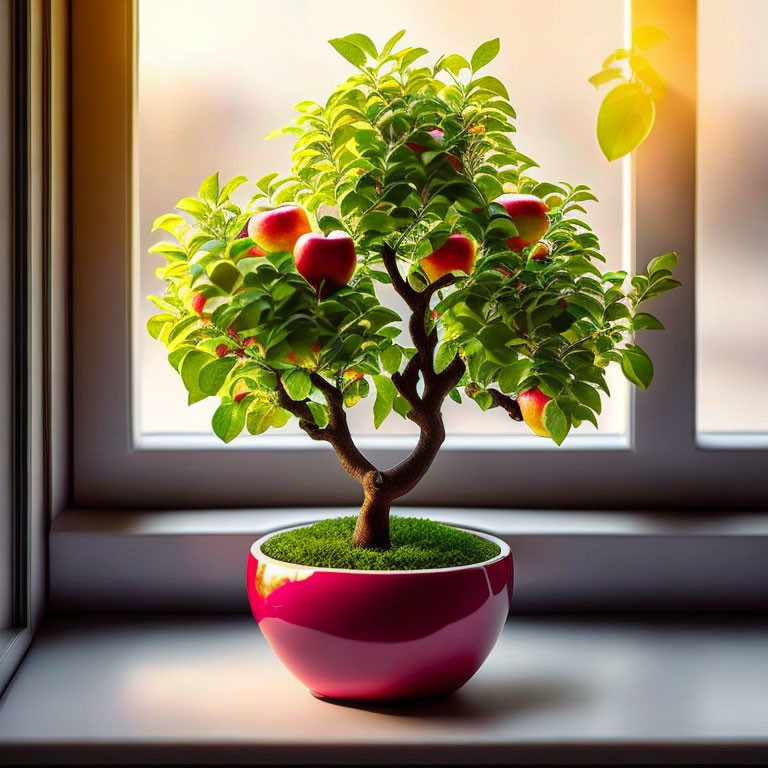 Miniature Apple Tree in Red Pot on Windowsill with Ripe Apples