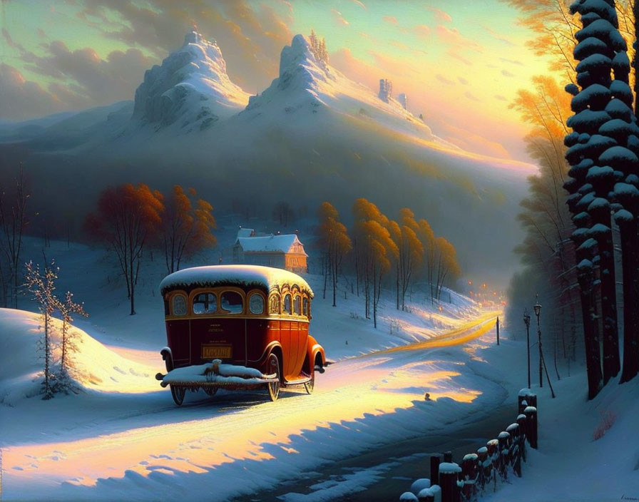 Vintage Bus Drives on Snowy Road with Castle and Mountains