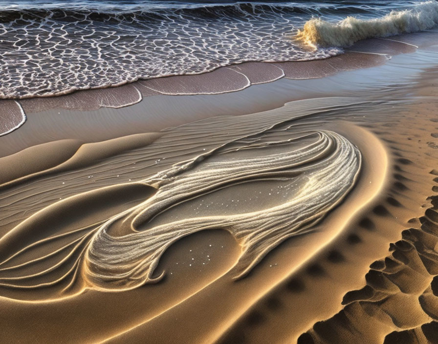 Foam swirls on sandy beach with waves in background