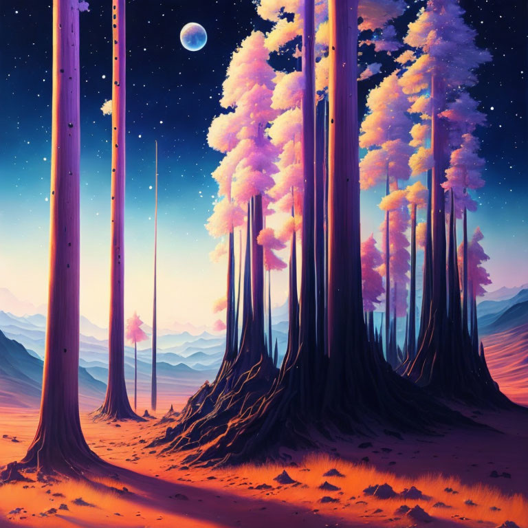 Fantasy forest illustration with tall trees and pink foliage