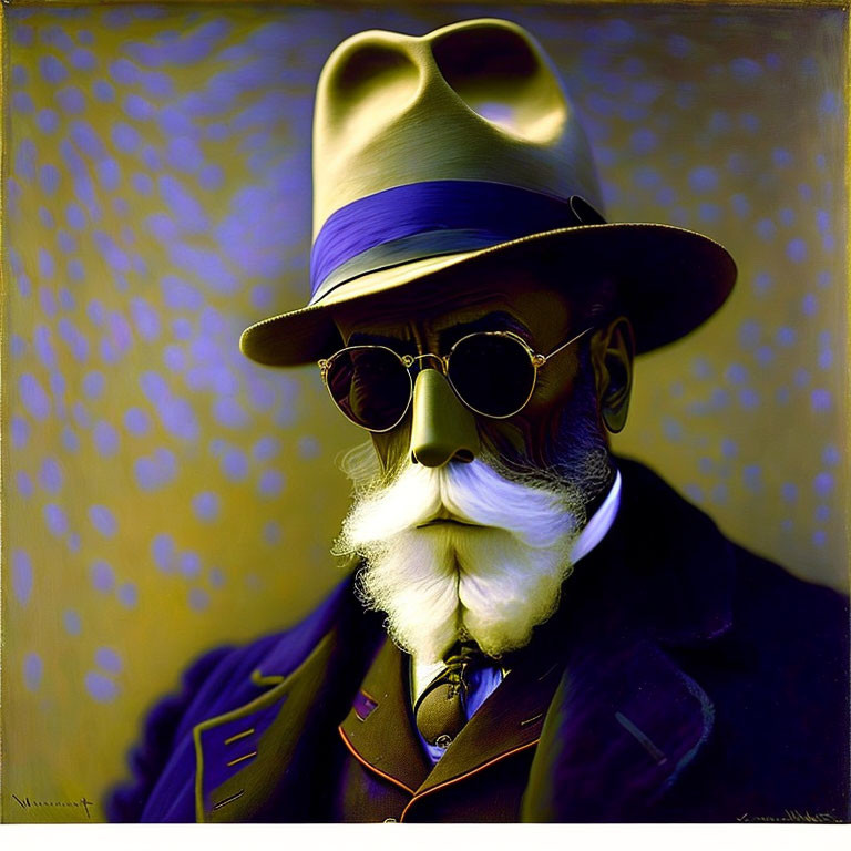 Distinguished man in white beard, fedora, sunglasses, purple suit, blue tie on yellow background