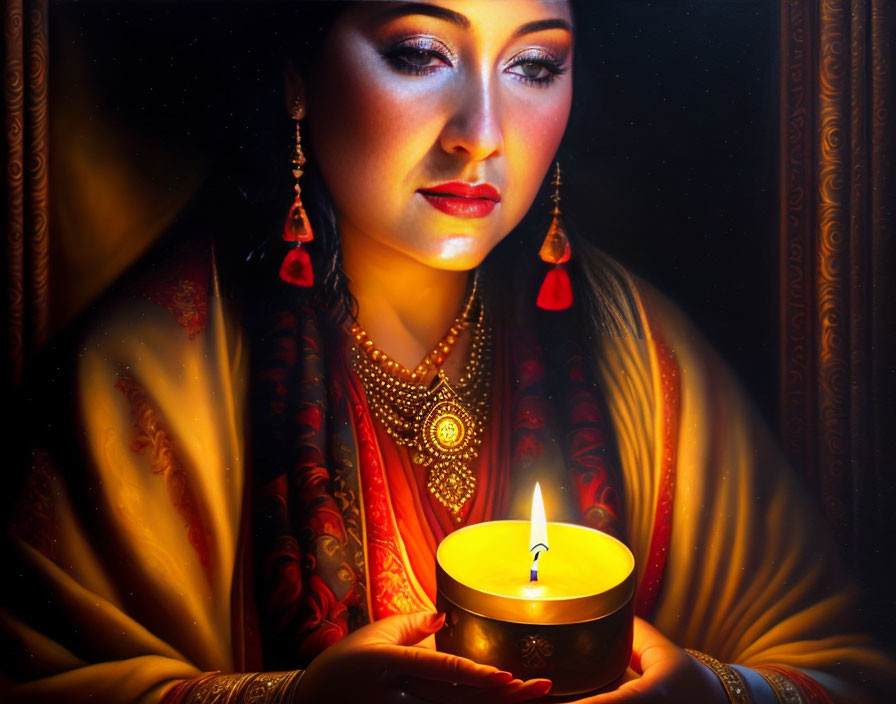 Traditional attired woman with lit candle in dark backdrop