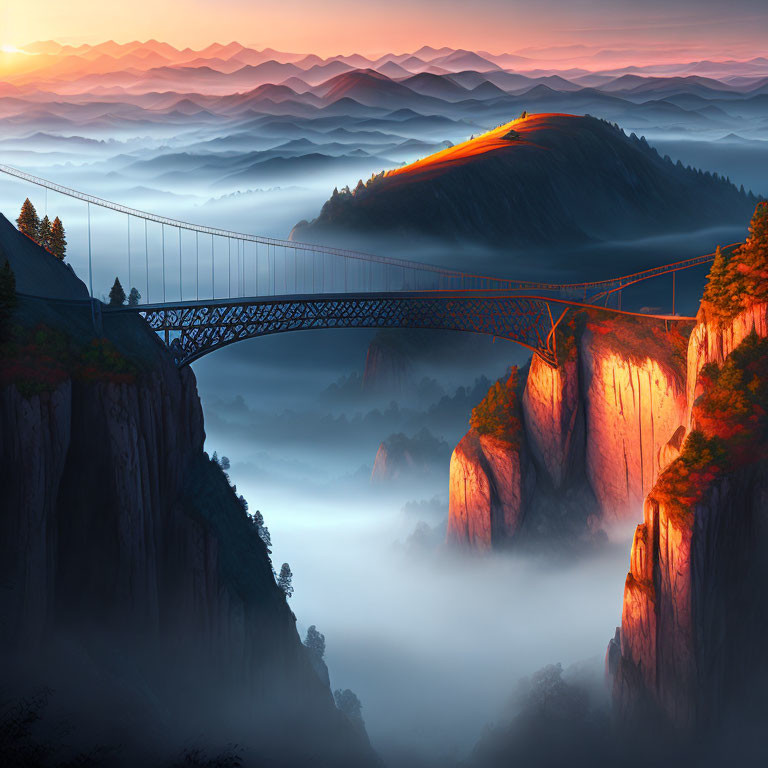 Misty canyon bridge under warm sunrise