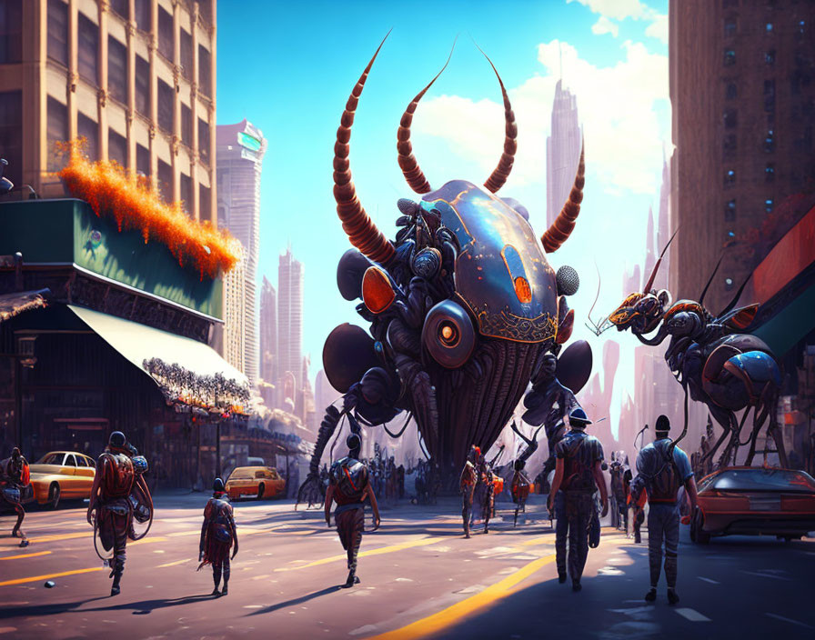 Futuristic cityscape with robotic beetles and humanoid figures on busy street