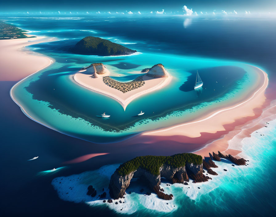 Heart-shaped tropical island with yachts in turquoise waters