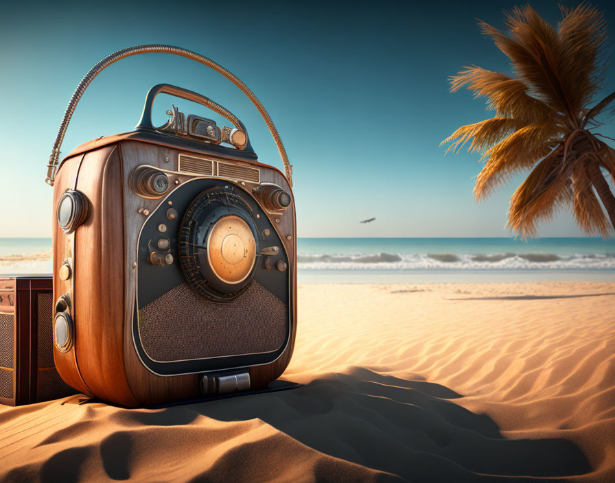 Vintage radio on sandy beach with palm trees and ocean backdrop