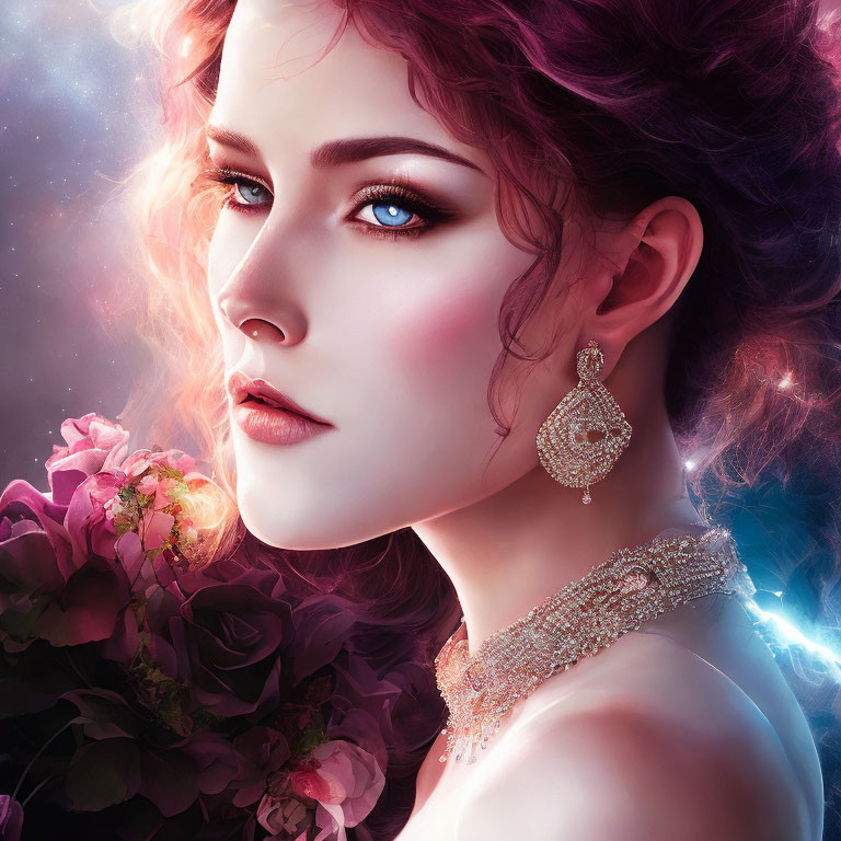 Digital portrait of a woman with blue eyes, ornate jewelry, soft glow, and roses