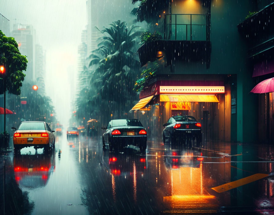 City street scene: rain, cars, reflections, neon lights.