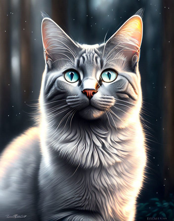 Detailed digital artwork: Grey cat with blue eyes in forest setting