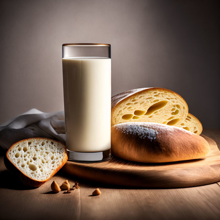 Glass of Milk and Sliced Bread on Wooden Surface with Warm Lighting