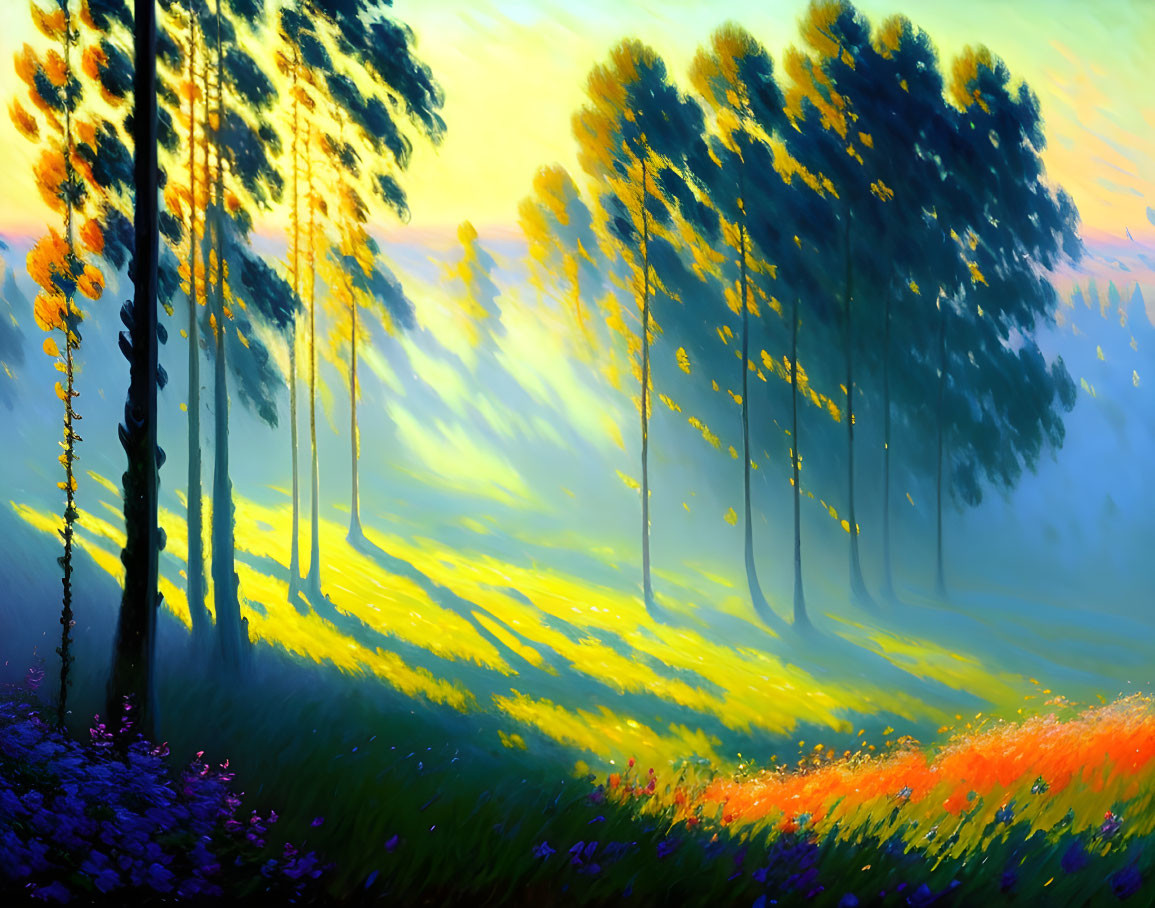 Colorful forest sunset with elongated shadows and wildflowers