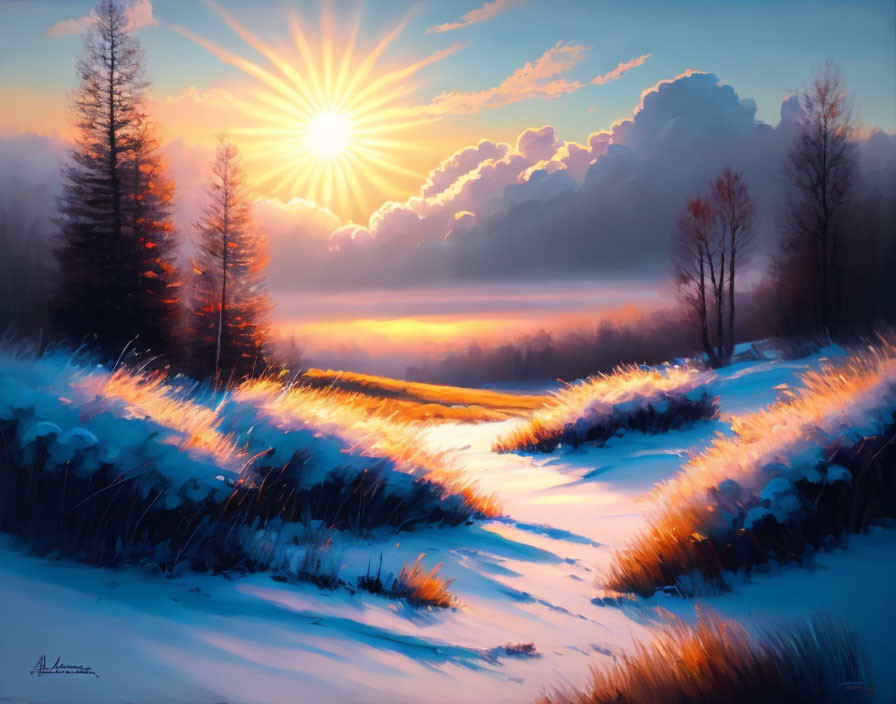 Winter landscape with sunburst over snow-covered scene