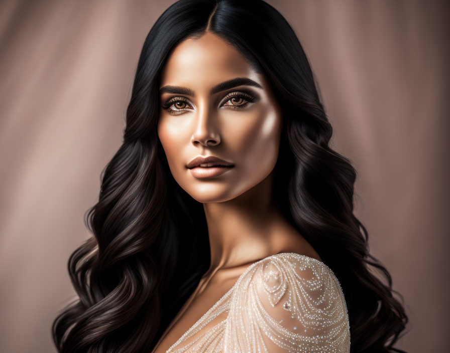 Portrait of a Woman with Long Dark Wavy Hair and Striking Makeup