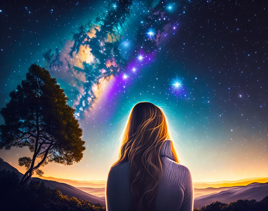 Blonde Woman Contemplating Starry Night Sky in Mountain Setting