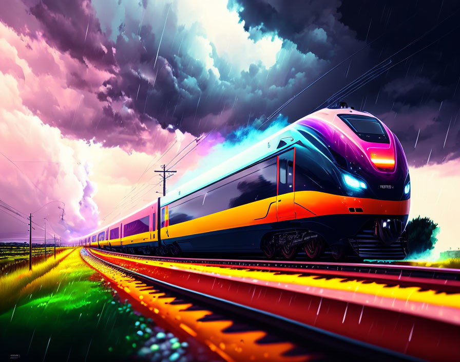 Modern train speeding through stormy sky with dynamic lighting in digital artwork