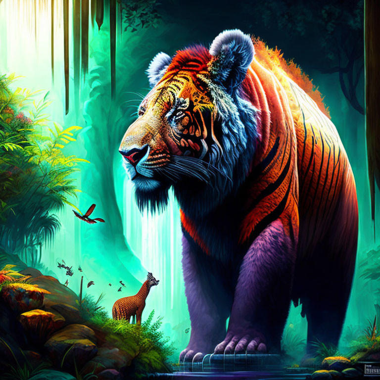 Colorful digital artwork: Majestic tiger on log in enchanted forest