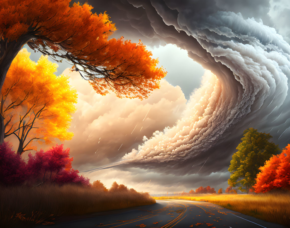 Digital artwork: Road with autumn trees under swirling stormy sky