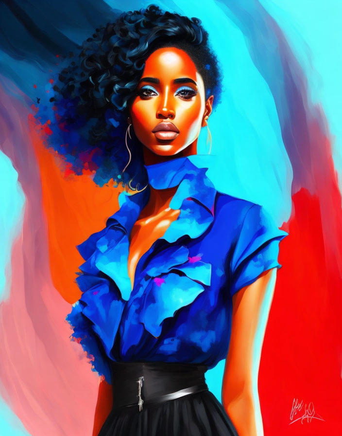 Colorful digital portrait of woman in blue ruffled blouse and black skirt.