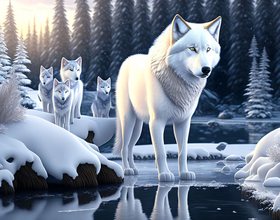 Animated wolves in snowy forest with alpha wolf near frozen riverbank